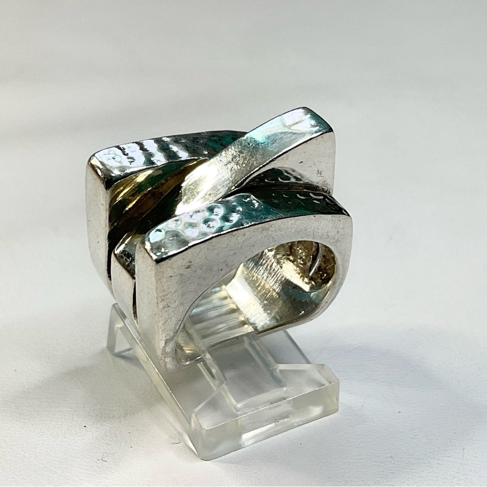 Bold Sterling Silver Statement Ring SZ 7.5 Hammered + Smooth